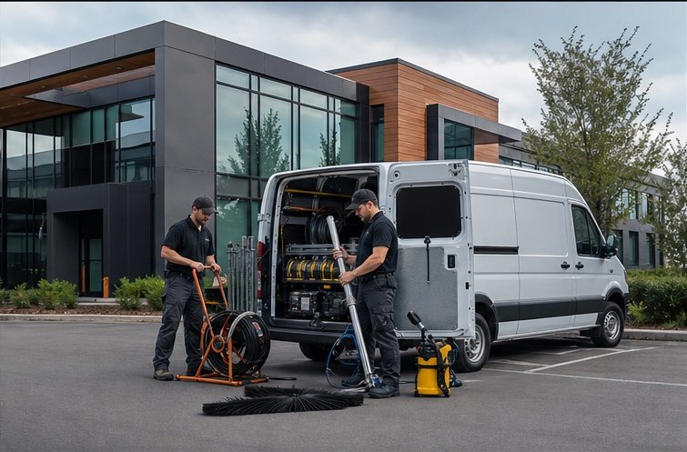 Field service technicians preparing equipment at a commercial building