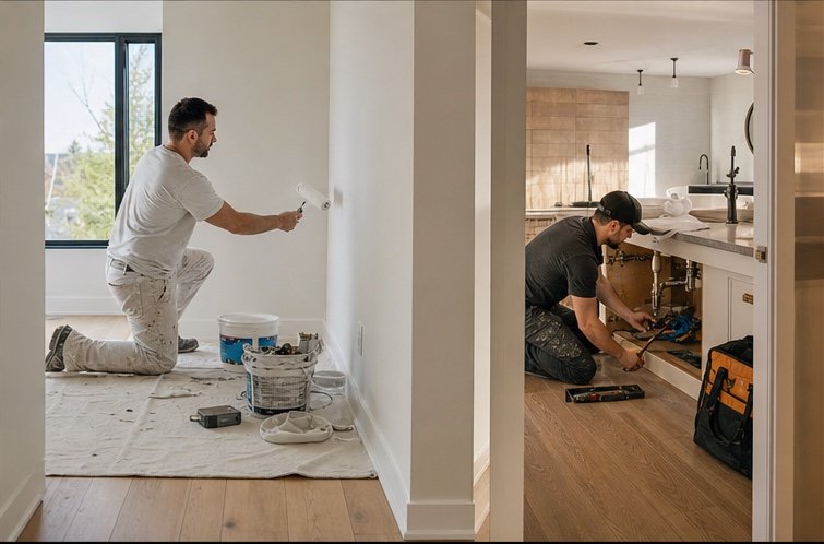 Painter and plumbing technician working inside a bright home