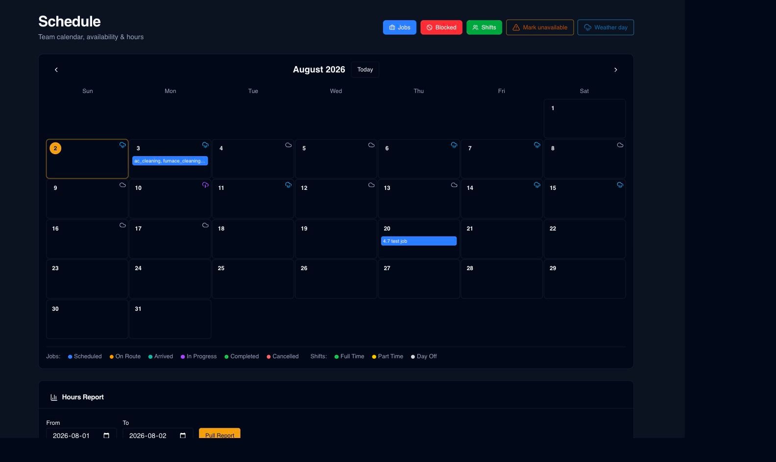 Serberus scheduling calendar with jobs, shifts, blocked time, and weather